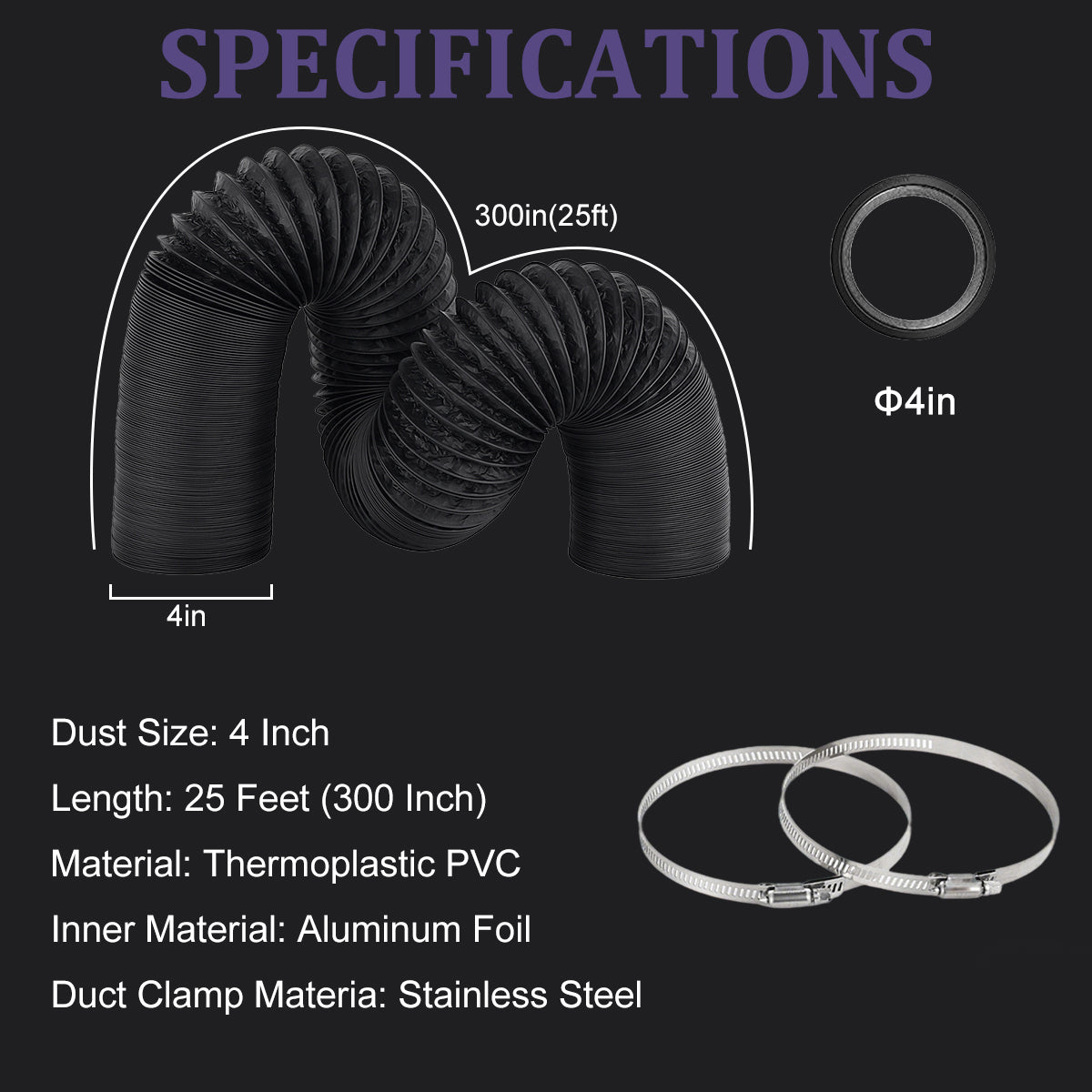 4/6inch flexible aluminum duct, heavy-duty 4-layer protection, 25 feet long, suitable for heating, cooling, ventilation and exhaust scenarios