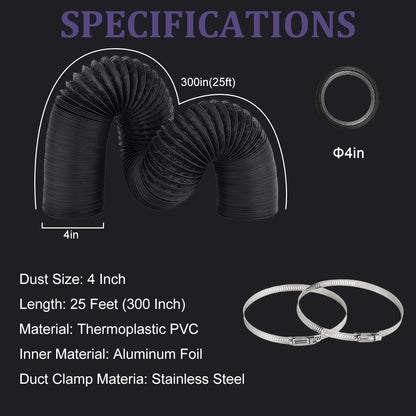4/6inch flexible aluminum duct, heavy-duty 4-layer protection, 25 feet long, suitable for heating, cooling, ventilation and exhaust scenarios