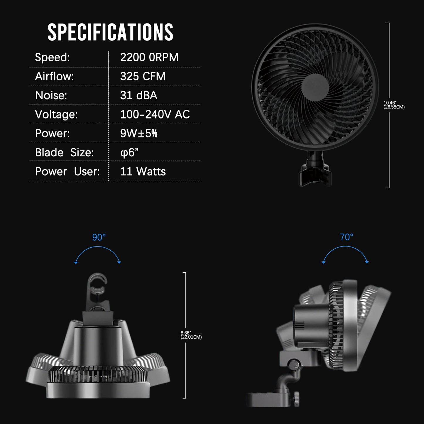 Grow Tent Clip Fan 6”, EC Motor, Smart Control, Powerful Oscillating Fan, Black
