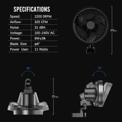 Grow Tent Clip Fan 6”, EC Motor, Smart Control, Powerful Oscillating Fan, Black